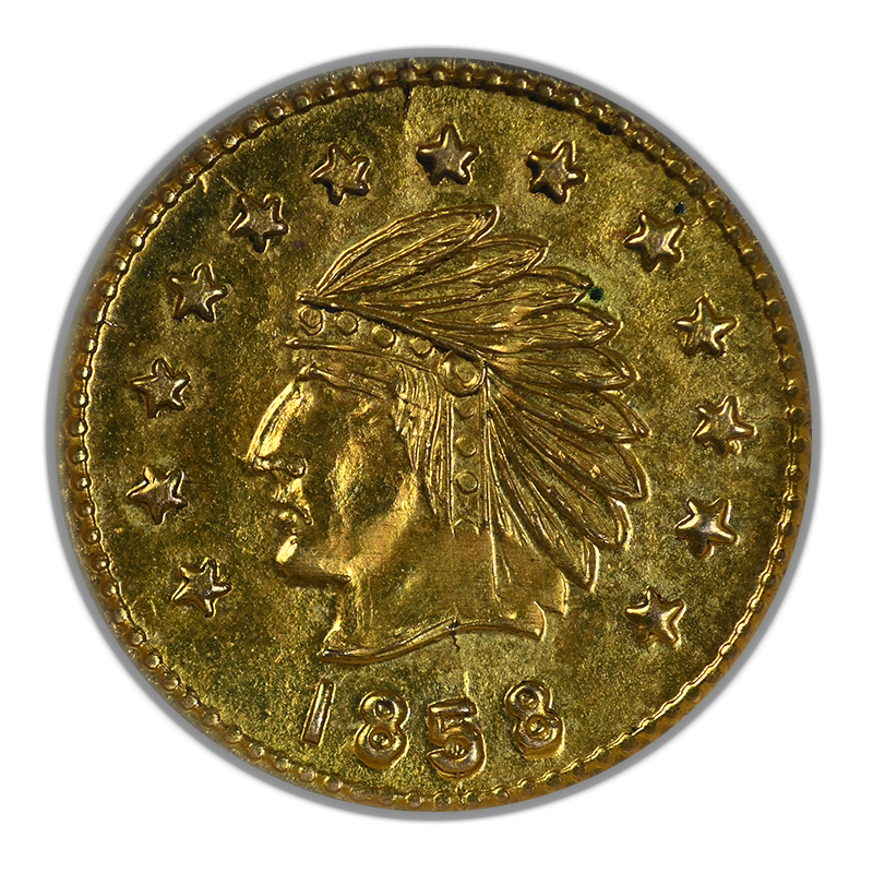 1858 Round California Fractional Gold Indian Head 1/2 Dollar 50C NGC Token MS65 Obverse