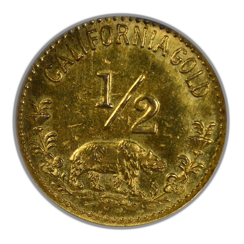 1858 Round California Fractional Gold Indian Head 1/2 Dollar 50C NGC Token MS65 Reverse