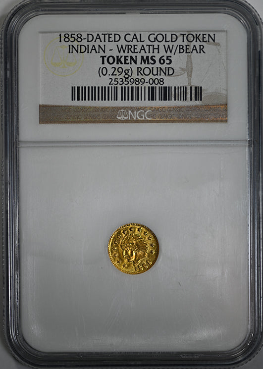 1858 Round California Fractional Gold Indian Head 1/2 Dollar 50C NGC Token MS65 Obverse Slab