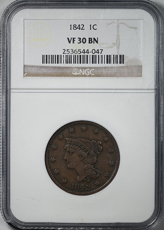 1842 Braided Hair Liberty Head Large Cent 1C NGC VF30BN
