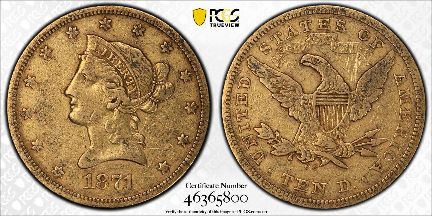 1871-CC Liberty Head Gold Eagle $10 PCGS Genuine VF Detail Trueview