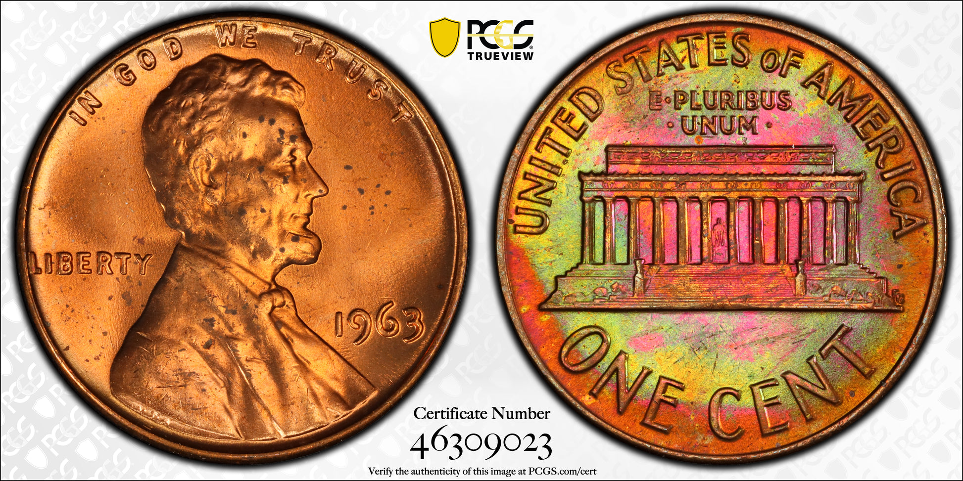 1963 Lincoln Memorial Cent 1C PCGS MS65RB - RAINBOW TONED! Trueview