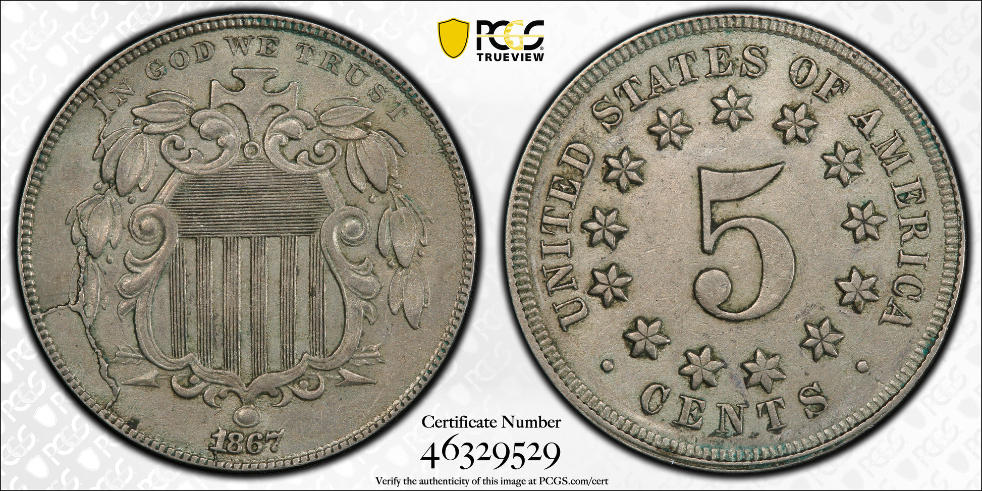 1867 Shield Nickel 5C PCGS AU50 - No Rays Trueview