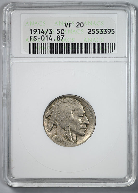 1914/3 Buffalo Nickel 5C ANACS Soapbox VF20 FS-014.87