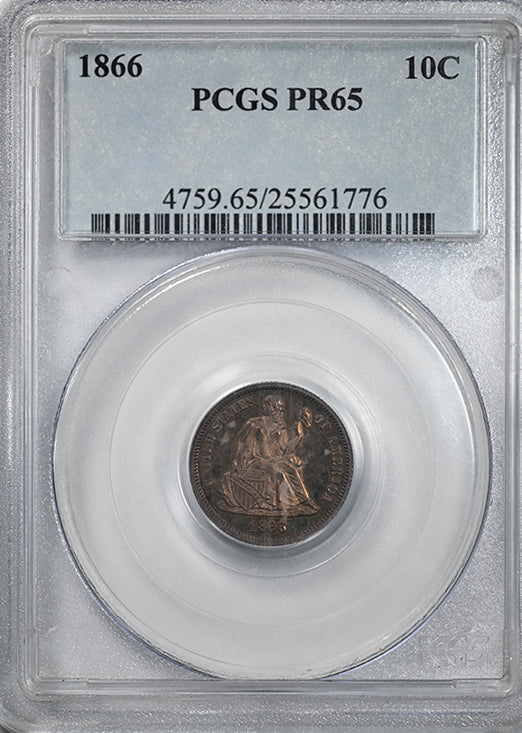 1866 Proof Liberty Seated Dime 10C PCGS PR65 - TONED!