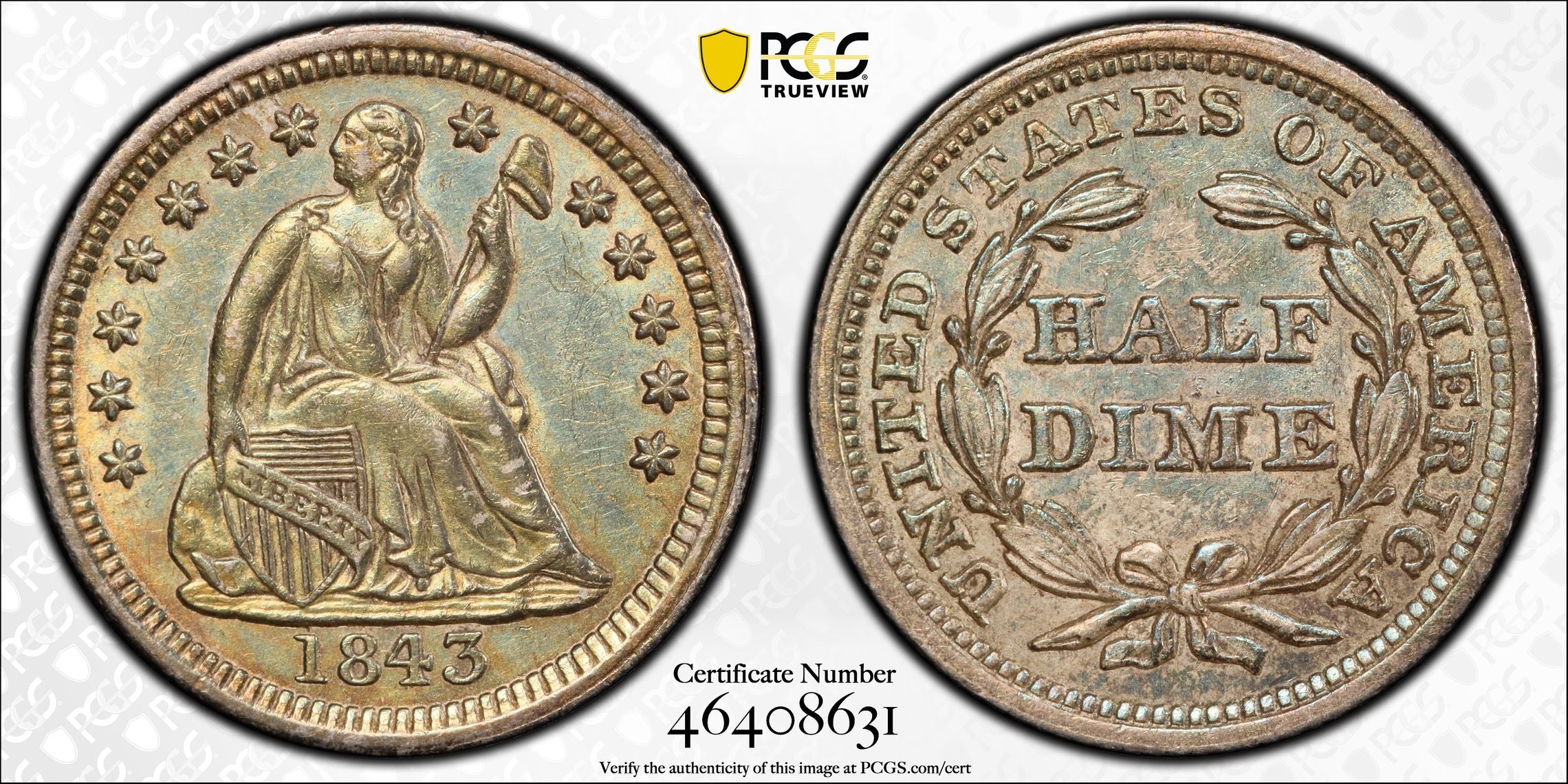 1843 Liberty Seated Half Dime H10C PCGS AU58 - TONED! – Americana