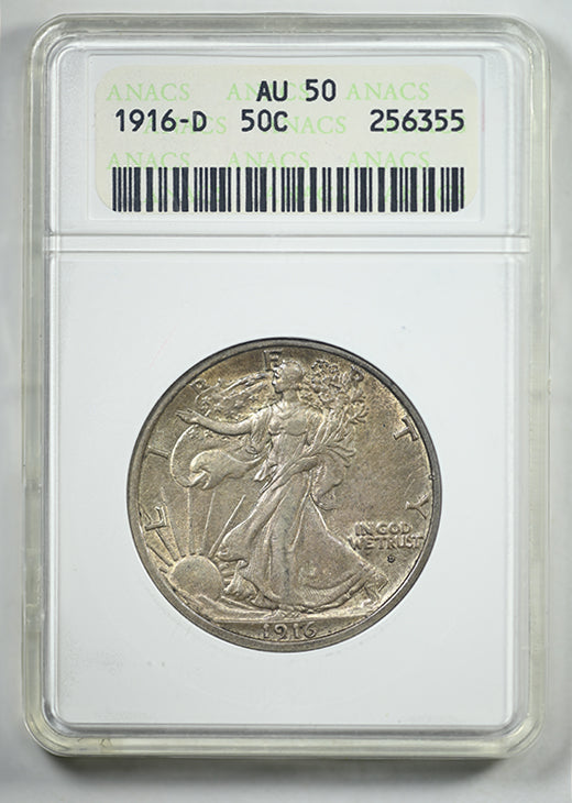 1916-D Walking Liberty Half Dollar 50C ANACS Soapbox AU50