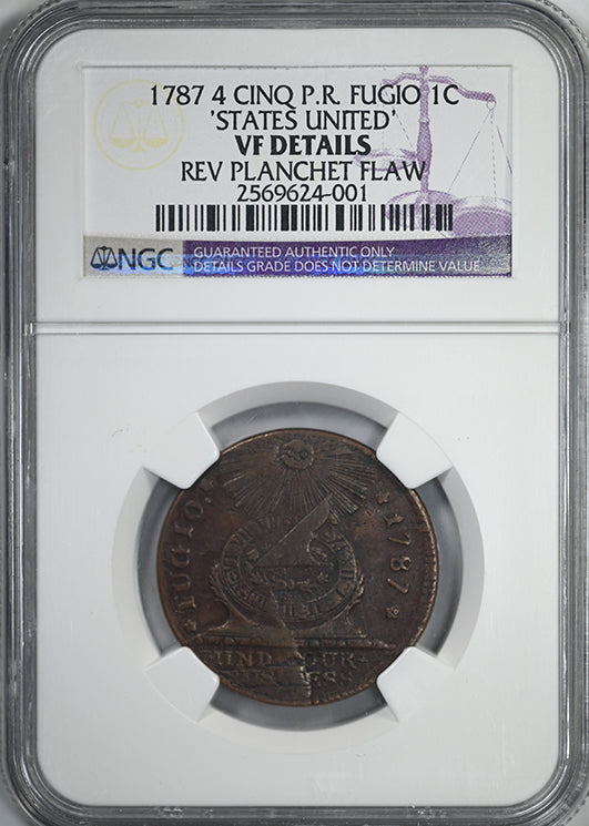 1787 Fugio Cent 1C 4 Cinq P.R. 'States United' NGC VF Details - Reverse Planchet Flaw