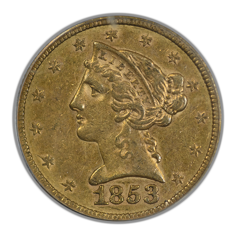 1853 Liberty Head Gold Half Eagle $5 PCGS XF40 Gold CAC OGH Obverse