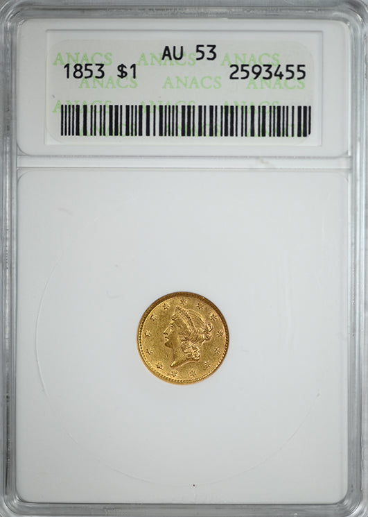 1853 Type 1 Liberty Head Gold Dollar G$1 ANACS Soapbox AU53