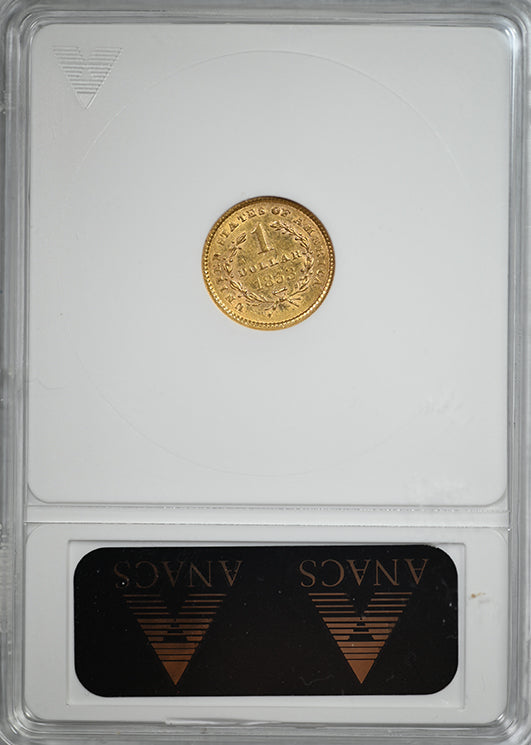 1853 Type 1 Liberty Head Gold Dollar G$1 ANACS Soapbox AU53