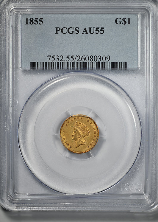 1855 Type 2 Indian Princess Head Gold Dollar G$1 PCGS AU55
