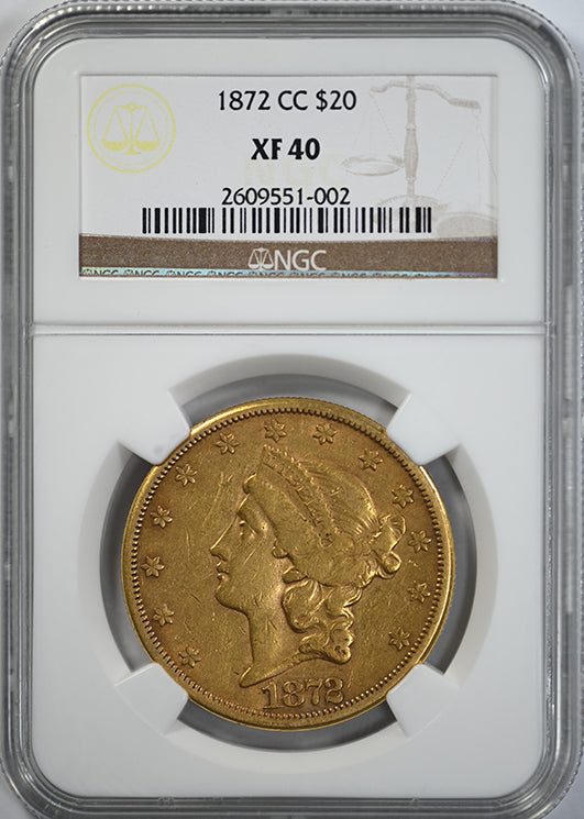 1872-CC Liberty Head Gold Double Eagle $20 NGC XF40 Obverse Slab