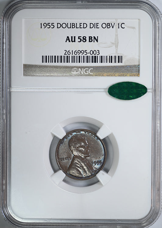 1955 Doubled Die Obverse Lincoln Wheat Cent 1C NGC AU58BN CAC DDO - TONED!
