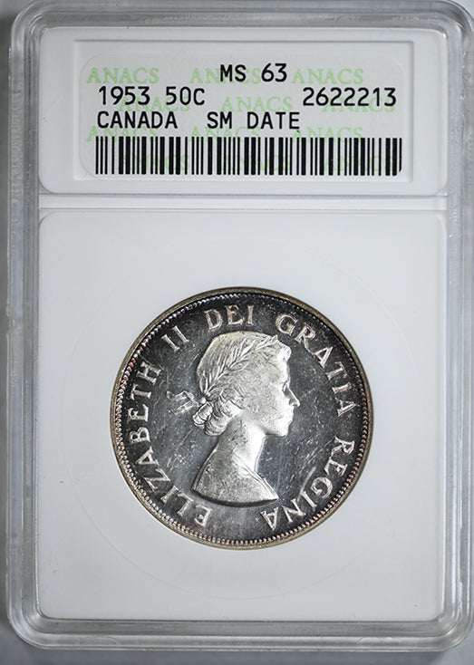 1953 Canada 50C Cents ANACS Soapbox MS63 - Small Date