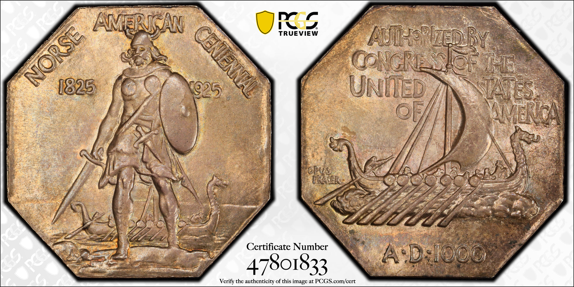 1925 Norse American Centennial Silver Medal PCGS MS66 CAC Thin Planchet Trueview