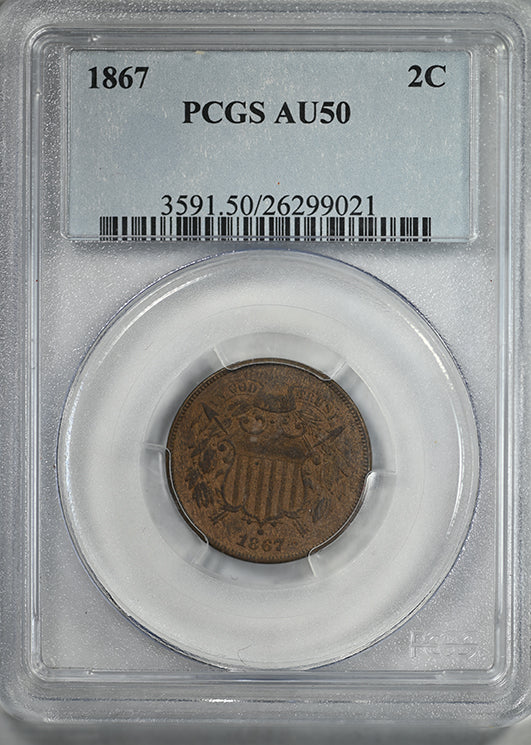 1867 Two Cent Piece 2C PCGS AU50
