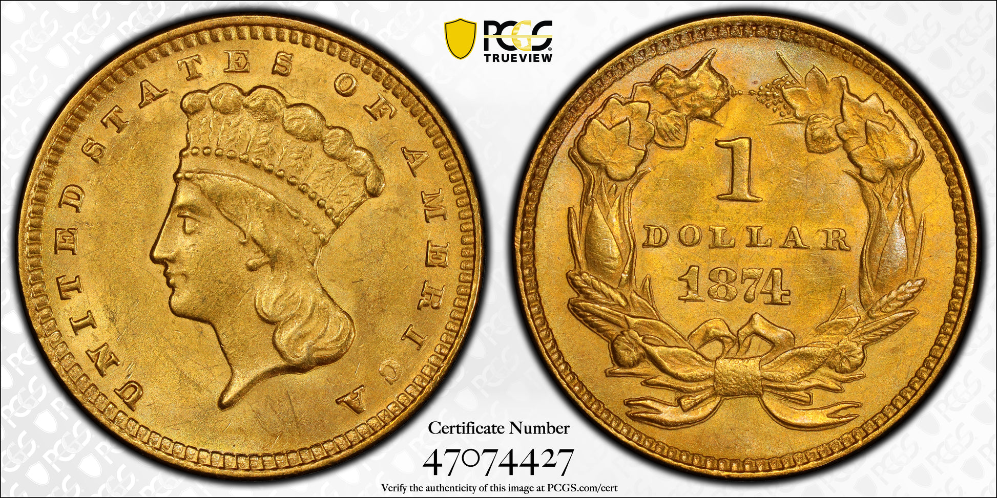 1874 Type 3 Gold Dollar G$1 PCGS MS62 Trueview