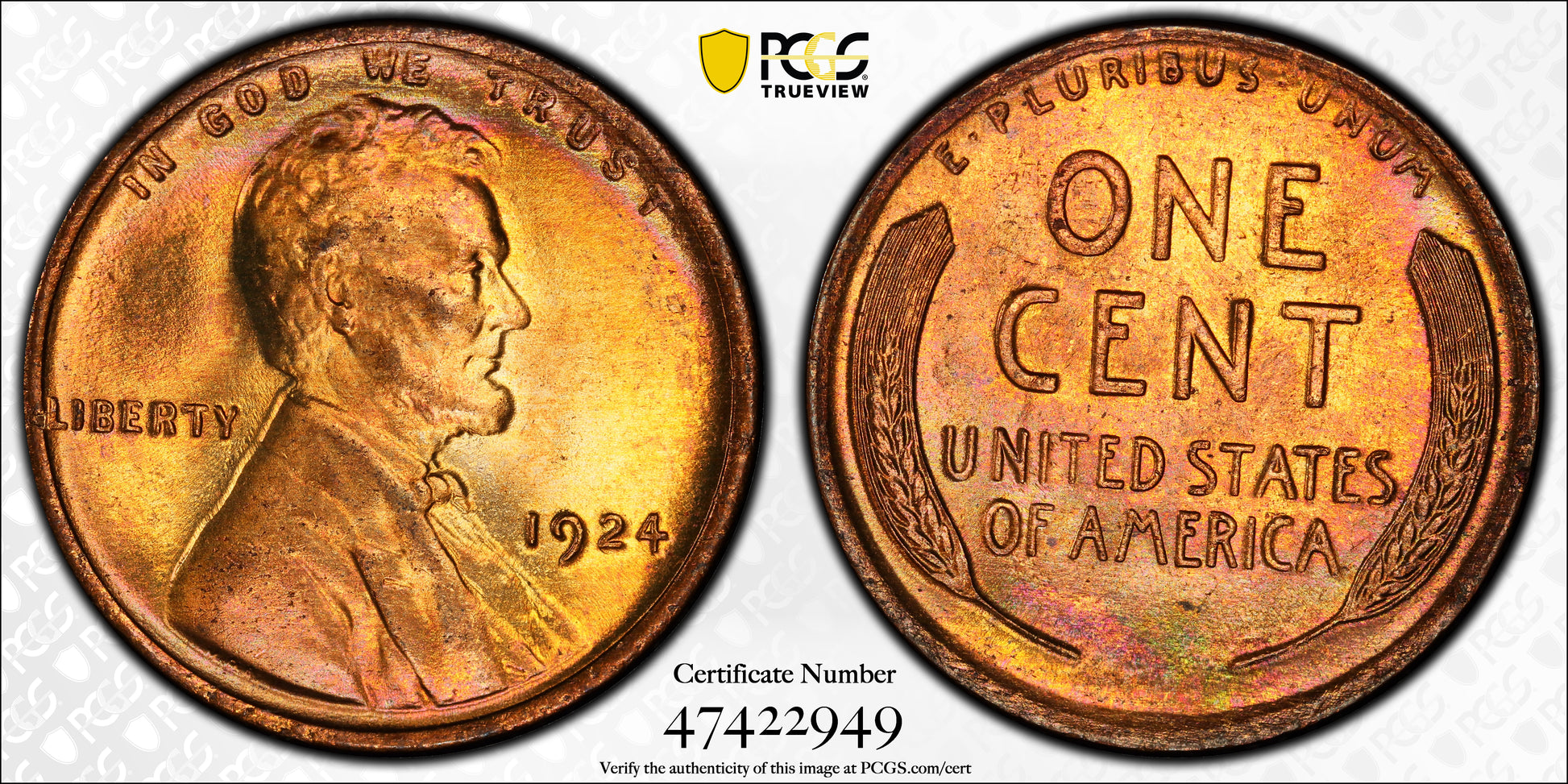 1924 Lincoln Wheat Cent 1C PCGS MS66RB CAC Trueview