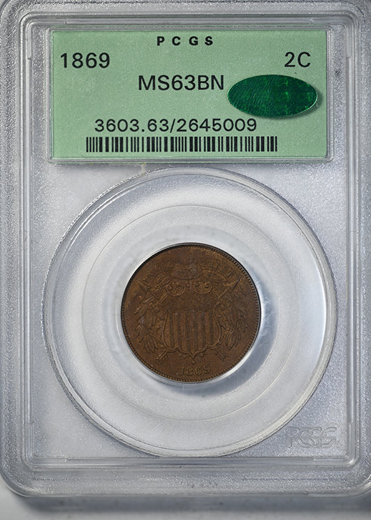 1869 Two Cent Piece 2C PCGS MS63BN CAC OGH Obverse Slab
