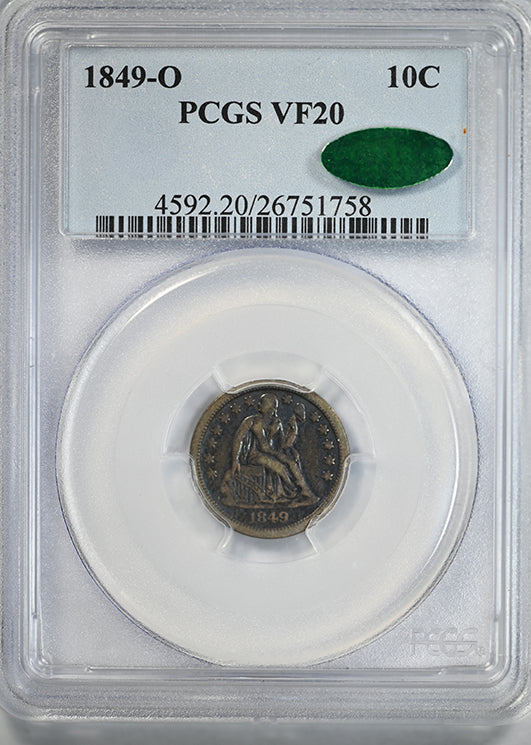 1849-O Liberty Seated Dime 10C PCGS VF20 CAC