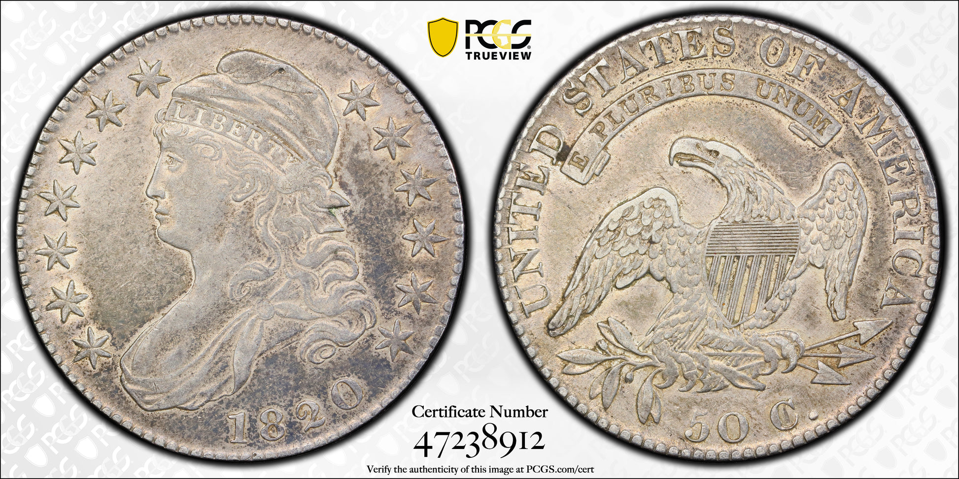 1820 Capped Bust Half Dollar 50C PCGS XF40 - Curl Base 2, Small Date Trueview