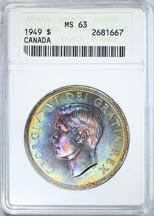 1949 Canada Silver Dollar $1 ANACS Soapbox MS63 - RAINBOW TONED!