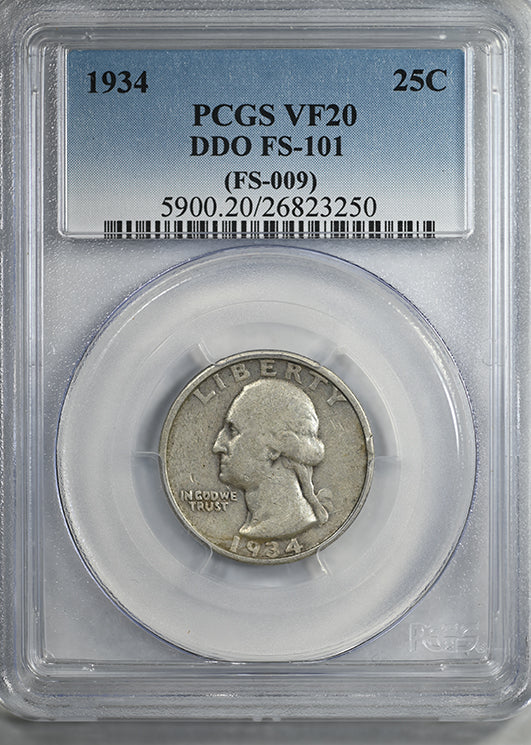 1934 Doubled Die Obverse Washington Quarter 25C PCGS VF20 DDO FS-101 (FS-009)