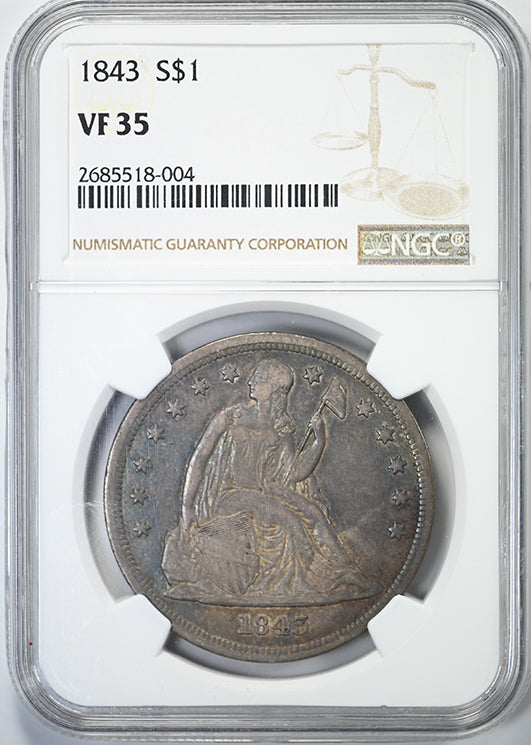 1843 Liberty Seated Dollar $1 NGC VF35 - TONED! Obverse Slab