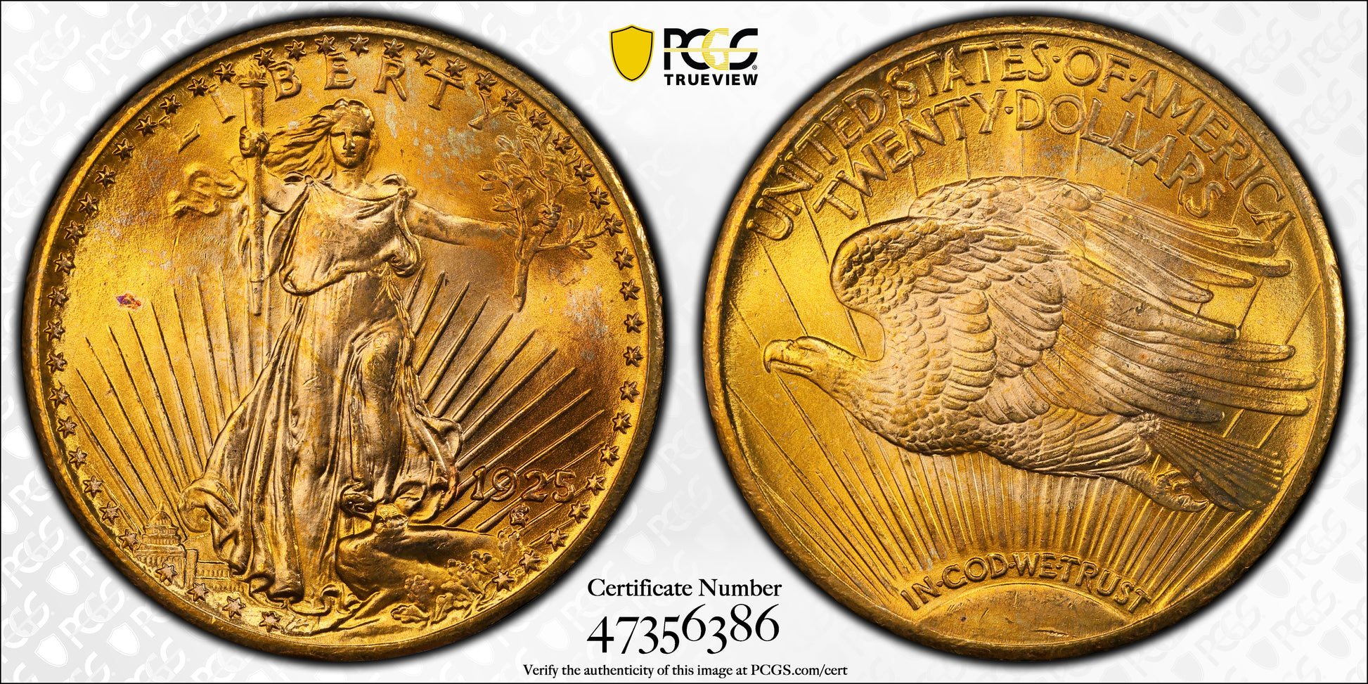 1925 Saint Gaudens Gold Double Eagle $20 PCGS MS66+ Trueview