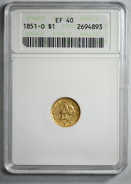 1851-O Type 1 Liberty Head Gold Dollar G$1 ANACS Soapbox XF40