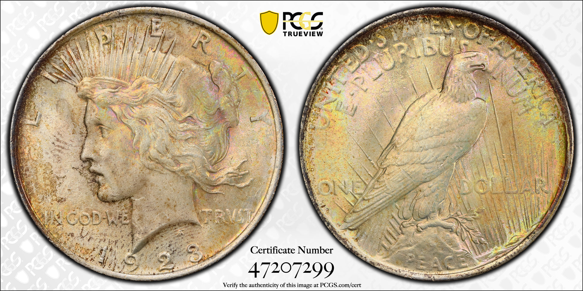1923 Peace Dollar $1 PCGS MS63 - NICE COLOR! Trueview