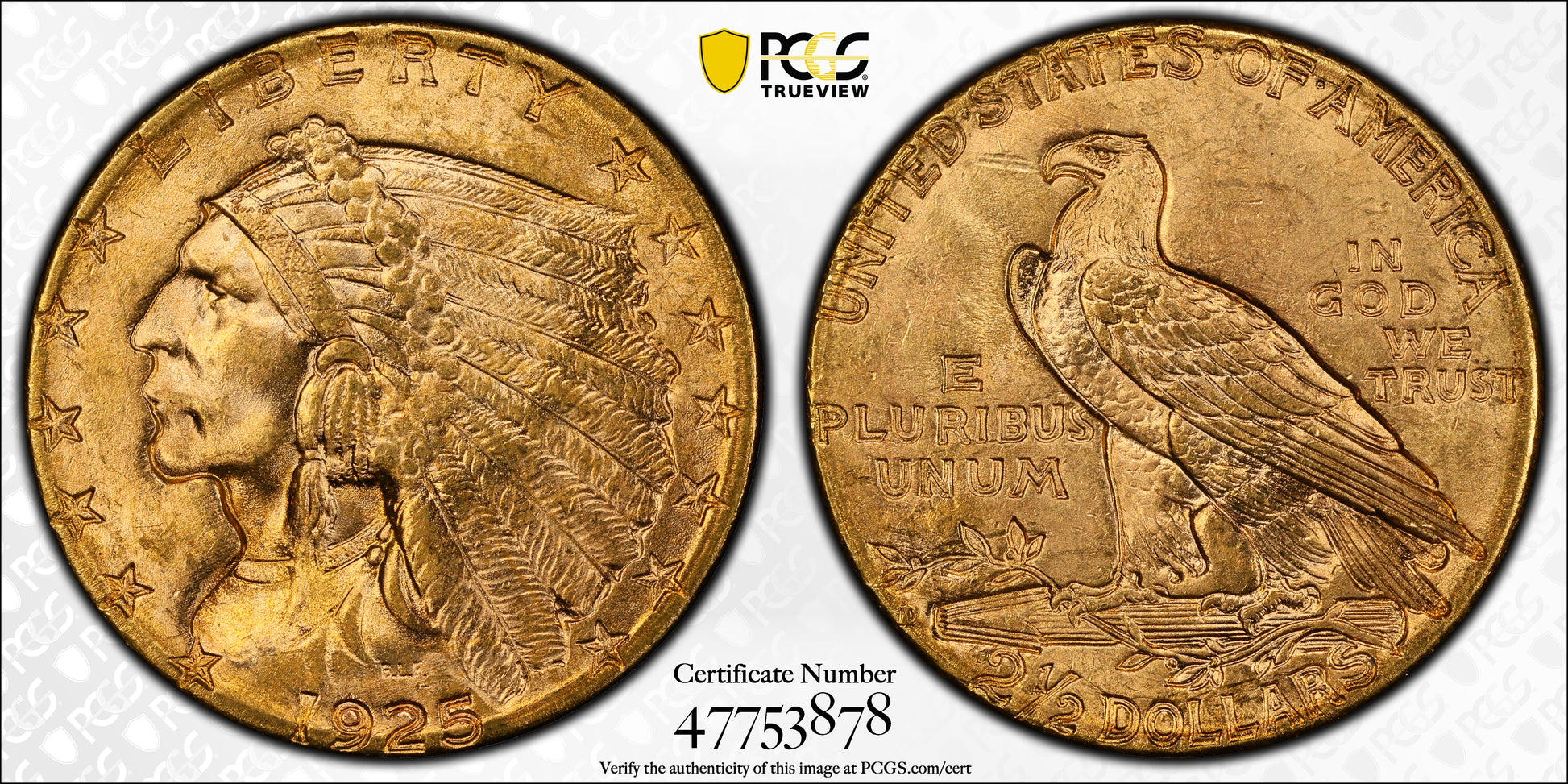 1925-D Indian Head Gold Quarter Eagle $2.50 PCGS MS65 Trueview