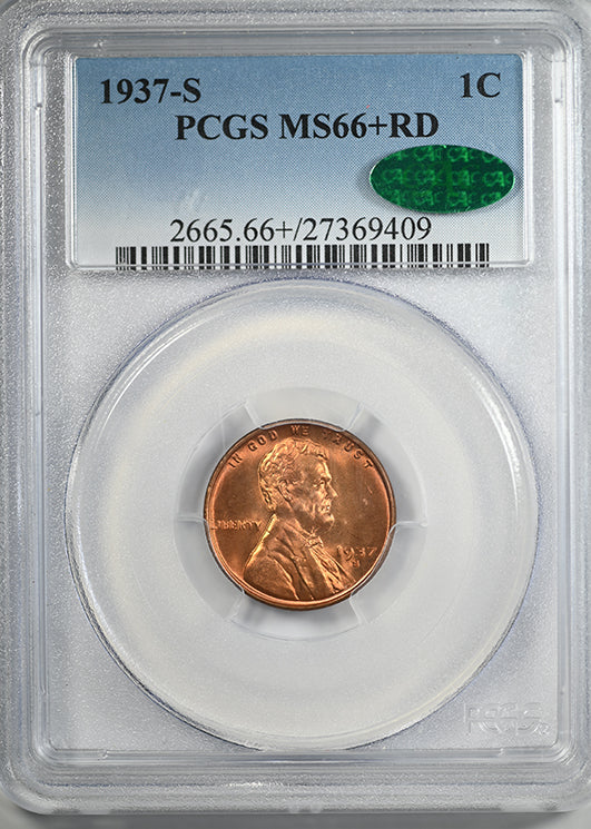 1937-S Lincoln Wheat Cent 1C PCGS MS66+RD CAC