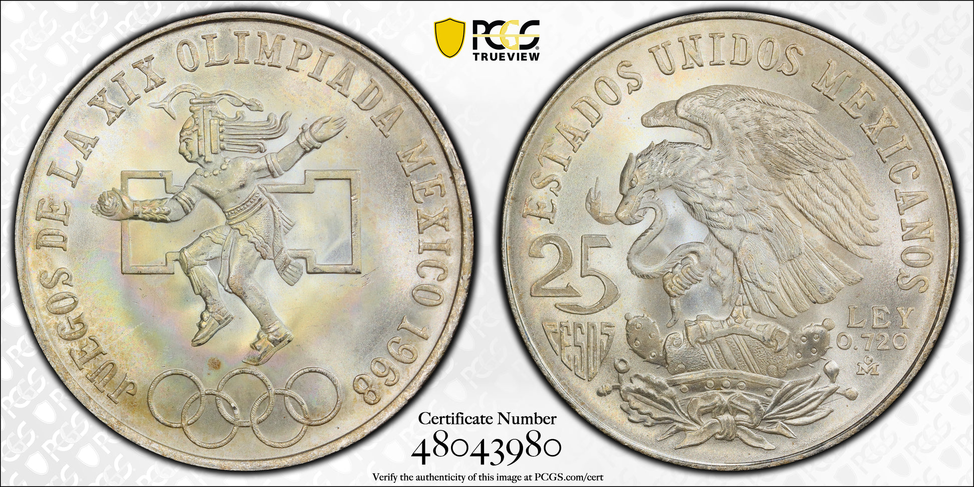 1968-Mo Mexico 25 Peso PCGS MS67 Olympic Type 1 KM-479.1 - TONED! Trueview