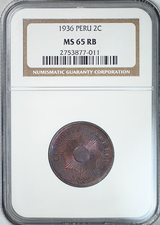 1936 Peru 2C Centavos NGC MS65RB - TONED!