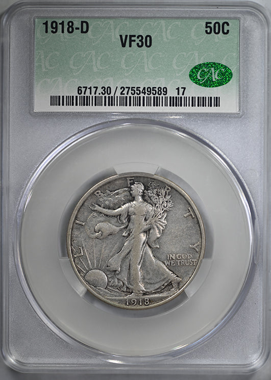 1918-D Walking Liberty Half Dollar 50C CAC VF30