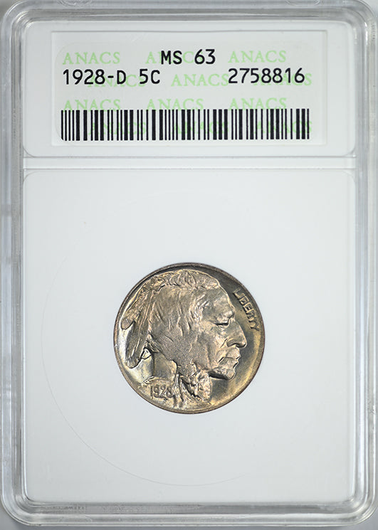 1928-D Buffalo Nickel 5C ANACS Soapbox MS63 Obverse Slab