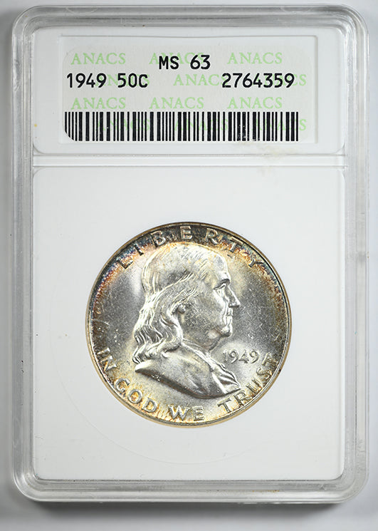 1949 Franklin Half Dollar 50C ANACS Soapbox MS63 - TONED!