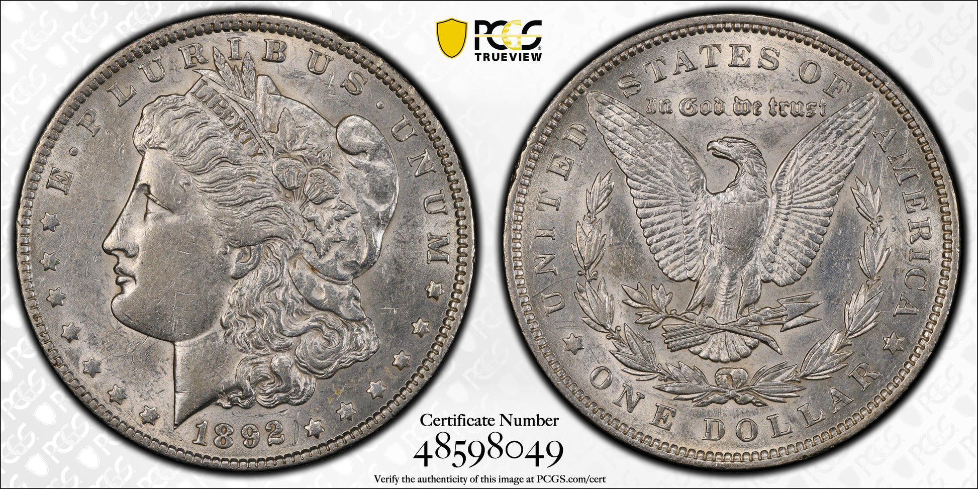 1892 Morgan Dollar $1 PCGS AU50 Trueview