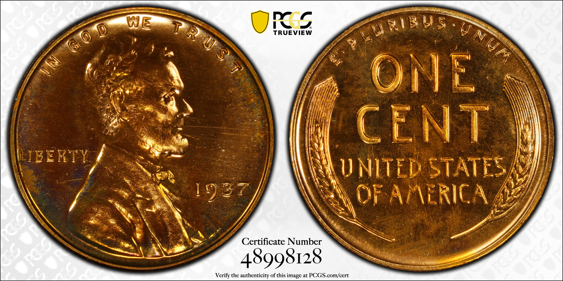 1937 Proof Lincoln Wheat Cent 1C PCGS PR65RD CAC Trueview