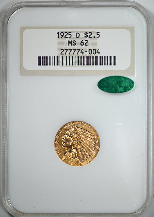 1925-D Indian Head Gold Quarter Eagle $2.50 NGC Fatty MS62 CAC Obverse Slab