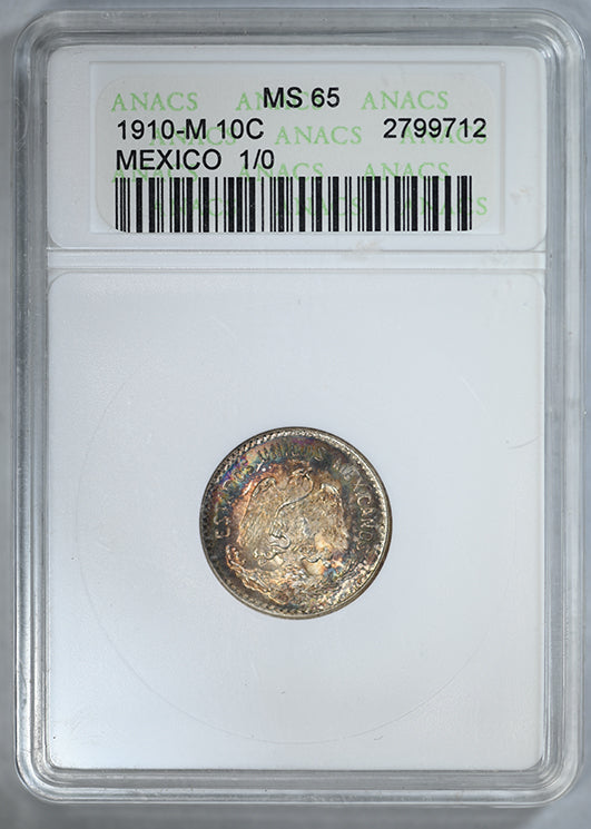 1910-M Mexico 10C Centavos ANACS Soapbox MS65 - TONED!