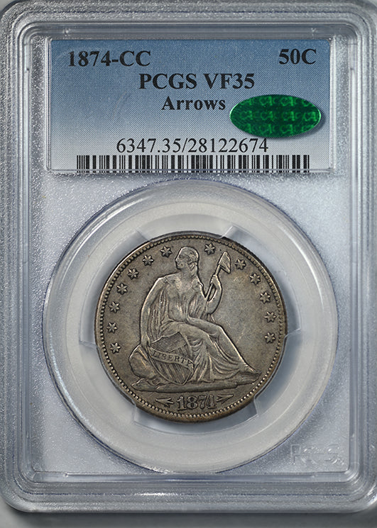1874-CC Liberty Seated Half Dollar 50C PCGS VF35 CAC Arrows