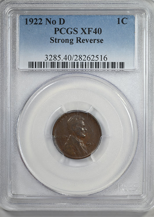 1922 No D Lincoln Wheat Cent 1C PCGS XF40 - Strong Reverse