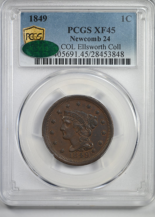 1849 Braided Hair Liberty Head Large Cent 1C PCGS XF45 CAC - Newcomb 24 Obverse Slab