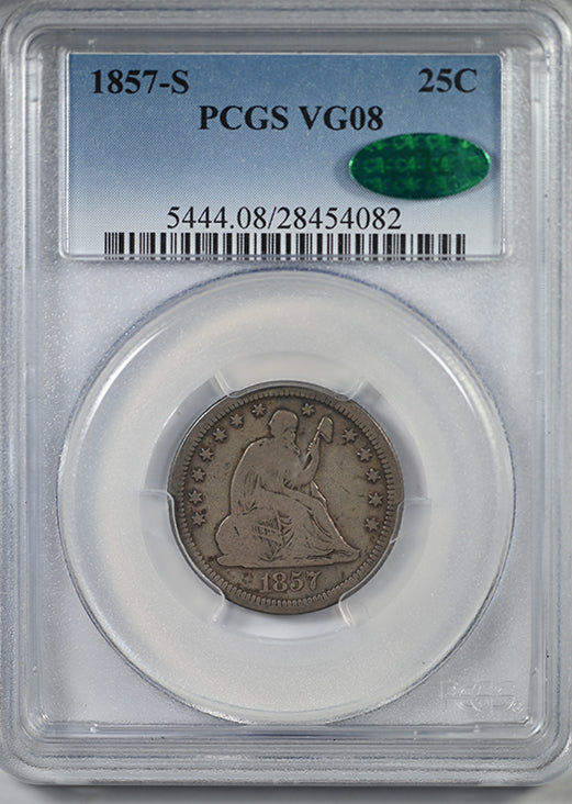 1857-S Liberty Seated Quarter 25C PCGS VG08 CAC