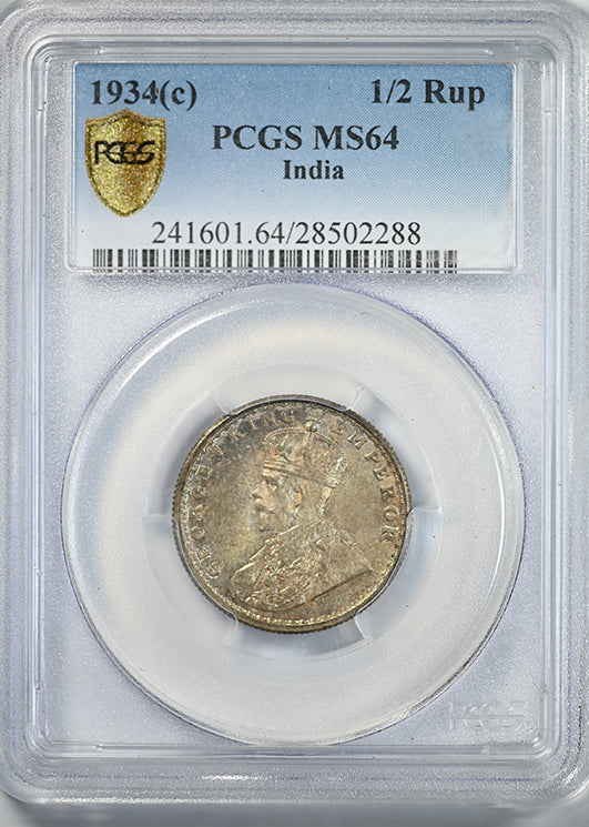 1934(c) British India 1/2R Half Rupee PCGS MS64 - REVERSE TONED!