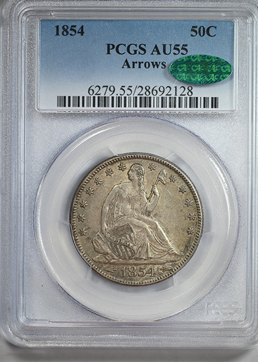 1854 Liberty Seated Half Dollar 50C PCGS AU55 CAC - Arrows