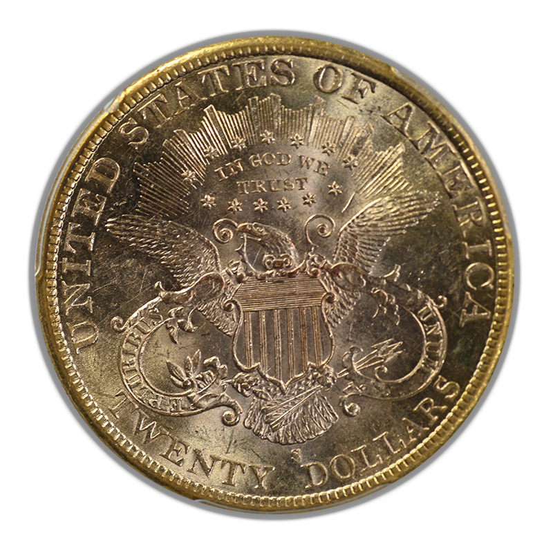 1892-S Liberty Head Gold Double Eagle $20 PCGS AU58 - Saddle Ridge Hoard Reverse